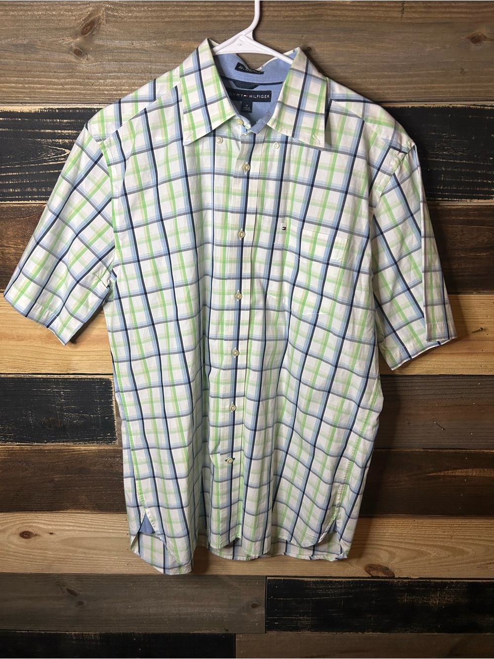 Tommy Hilfiger Short Sleeve Plaid Button-Down Shirt - White, Blue & Green